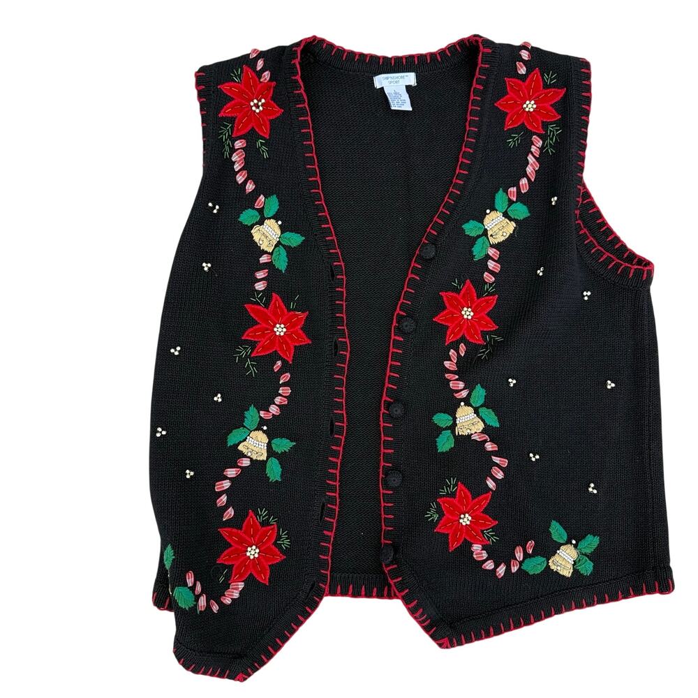 Vintage Ship N Shore Poinsettia Christmas Holiday Cardigan Sweater Vest Size L